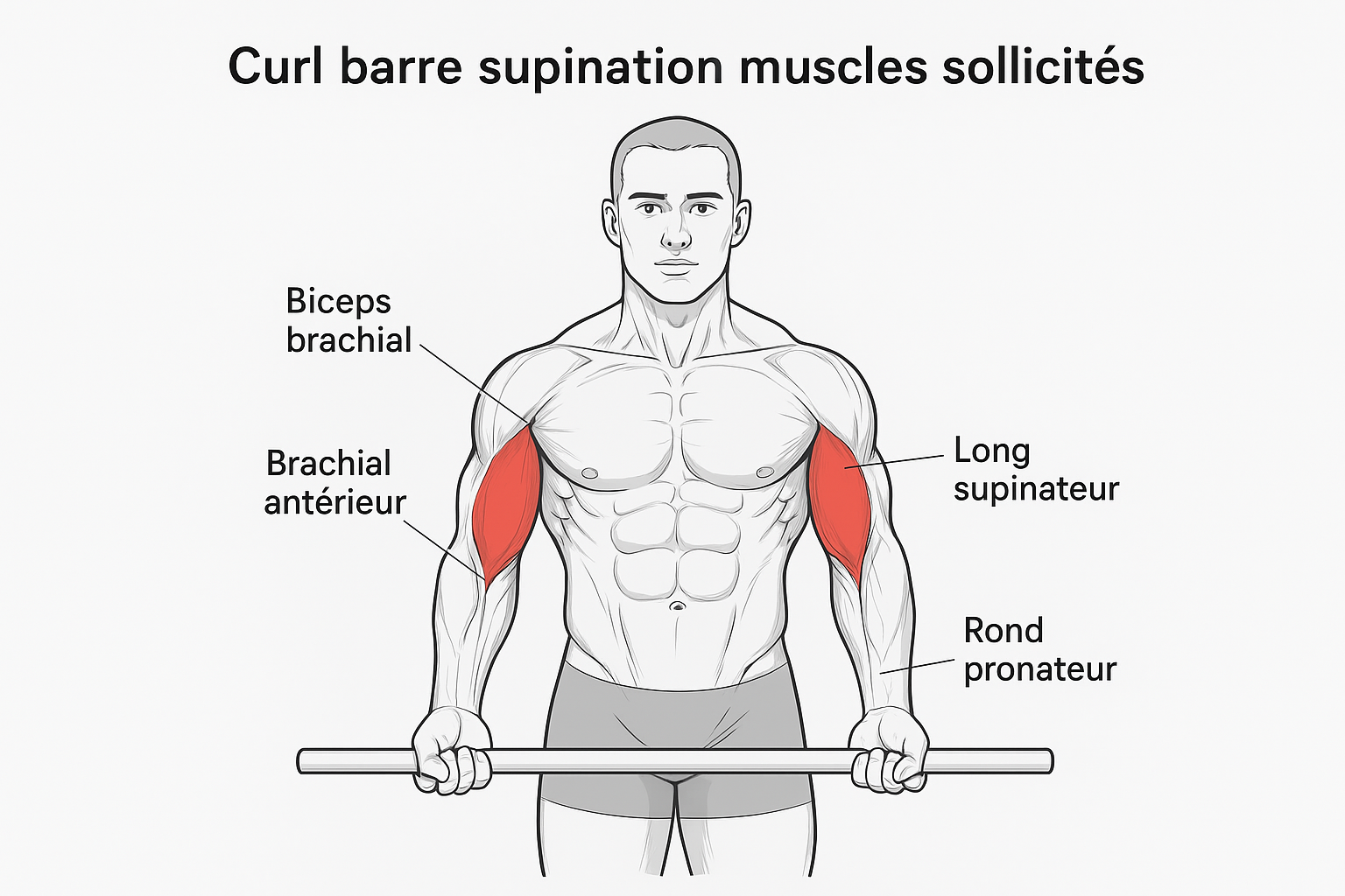Exercice Curl barre en supination : Technique, Muscles Sollicités muscles sollicités pour le Curl barre supination